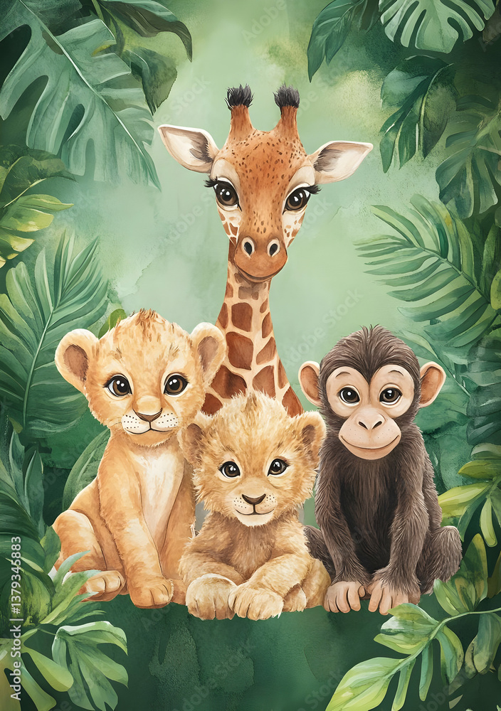 A whimsical illustration of a giraffe with two lion cubs and a monkey among lush foliage.