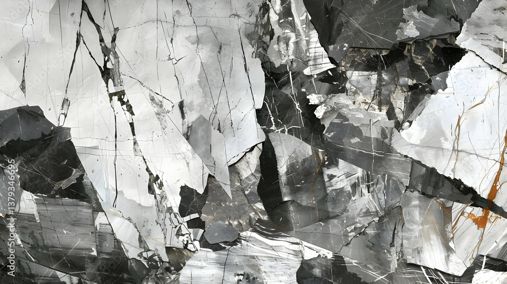 Abstract close-up of layered gray and white marble with intricate textures and patterns.