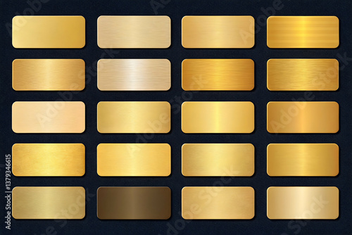 A collection of luxurious gold gradient swatches with a metallic finish, displayed in a rounded rectangular format on a dark background. The gradients vary from smooth transitions to more defined ligh