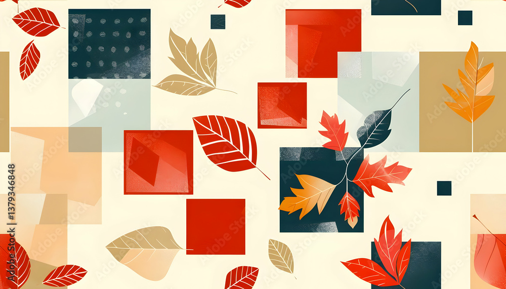 Abstract design featuring colorful leaves and geometric shapes on a light background.