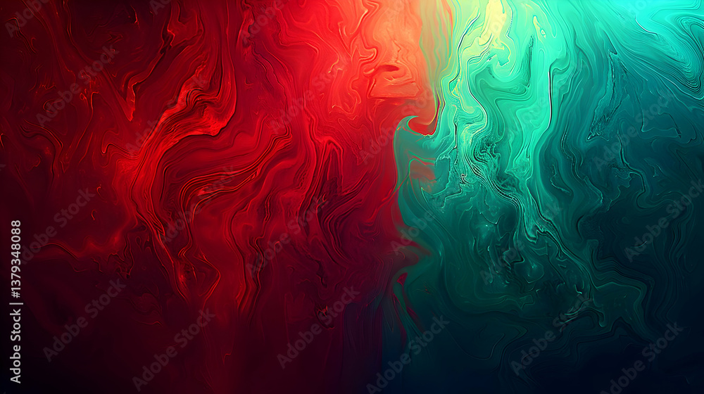 Abstract swirling colors in red and turquoise create a dynamic visual effect.