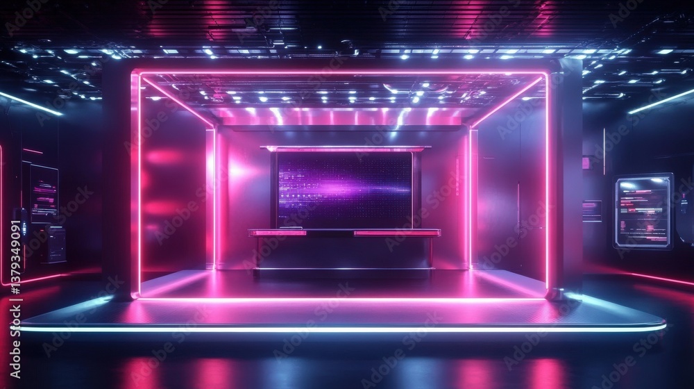 Obraz premium Futuristic Neon Display Booth Interior Design