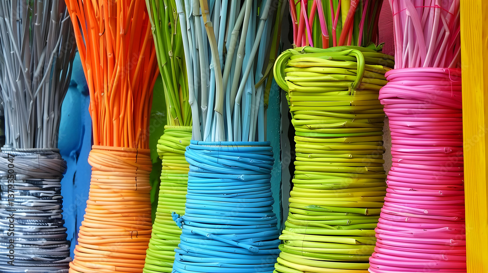 Colorful bundles of decorative sticks arranged in vibrant vases.