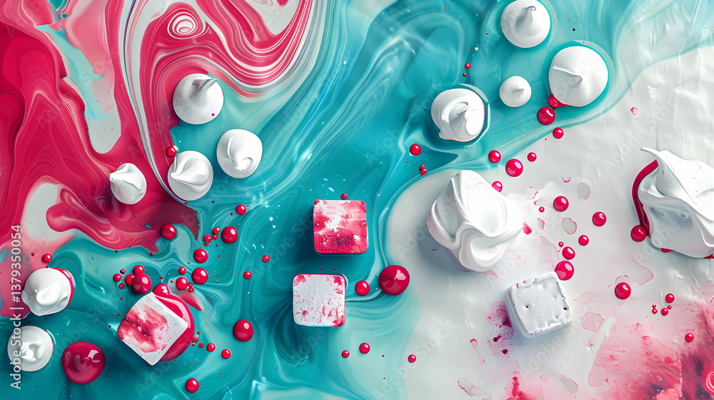 Colorful abstract composition with swirls, meringues, and decorative elements.