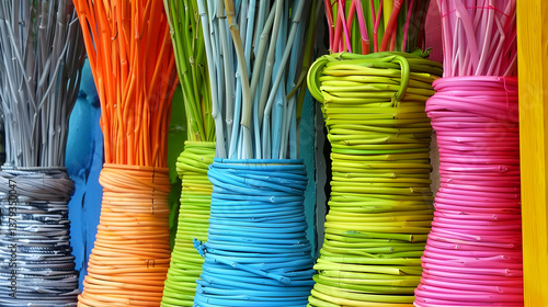 Obraz na płótnie Colorful bundles of decorative sticks arranged in vibrant vases. w salonie