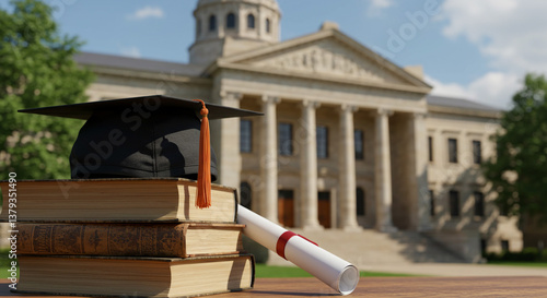 A graduation cap rests on a stack of old books, a diploma nearby, symbolizing years of hard work and the achievement of a degree, all set against a majestic university building bathed in sunlight.