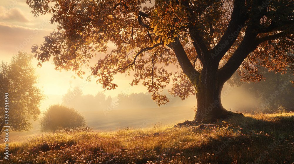 Fototapeta premium Sunlight shining through autumn forest tree