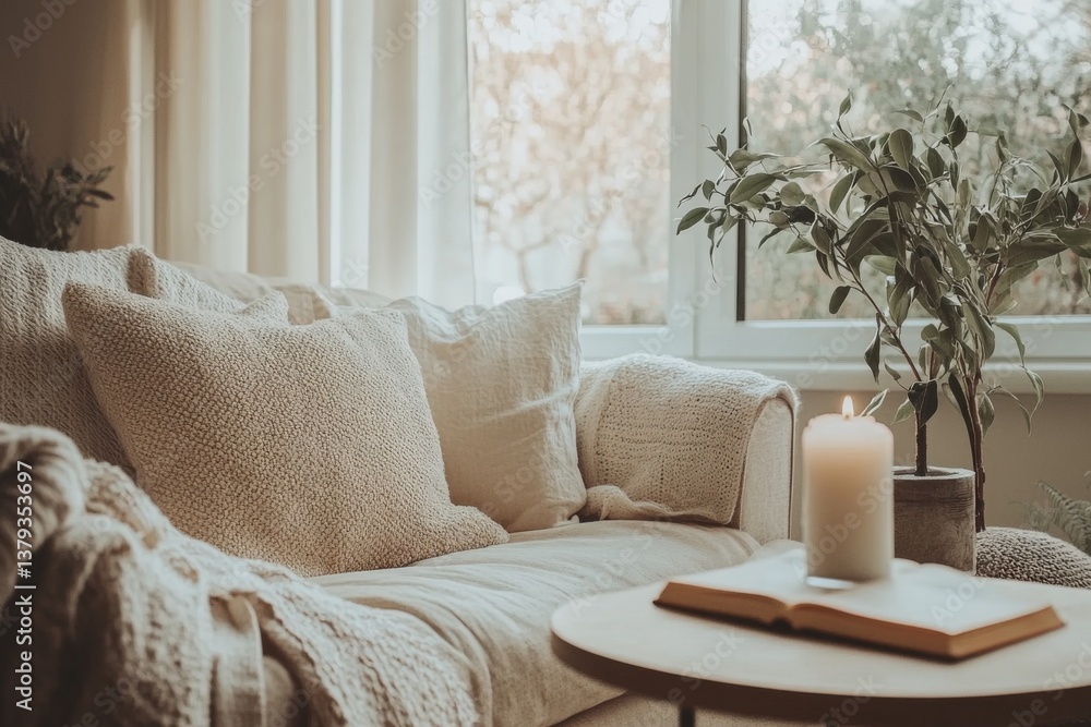 Fototapeta premium Cozy living room with neutral tones beige sofa and modern minimal decor