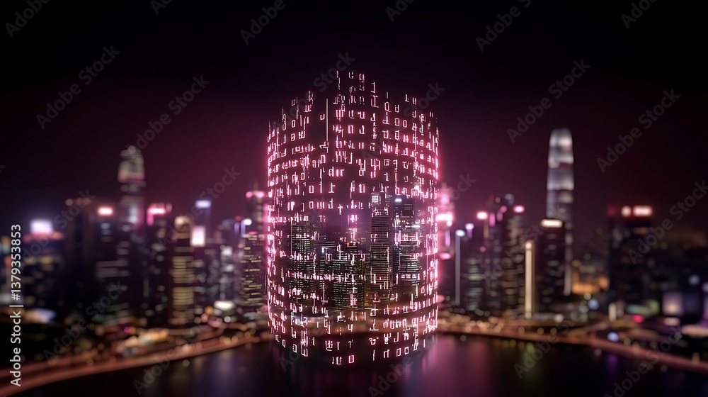 Obraz premium Digital face composed of binary codes and illuminated city skyline in background