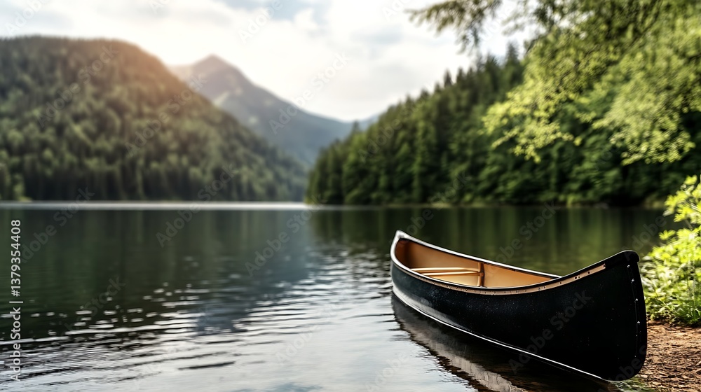 Tranquil Canoe by Serene Lake Surrounded by Lush Forest and Majestic Mountains Tranquil Canoe by Serene Lake Surrounded by Lush Forest and Majestic Mountains