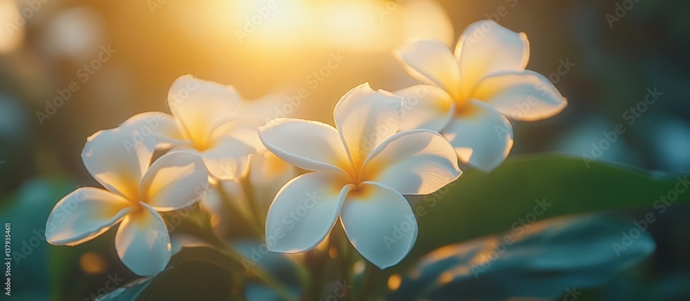 Sunset Plumeria Bloom, Tropical Garden Sunset Plumeria Bloom, Tropical Garden
