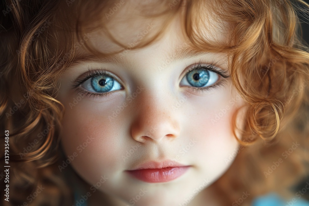 Close-up of a child with curly hair and blue eyes looking into camera Close-up of a child with curly hair and blue eyes looking into camera
