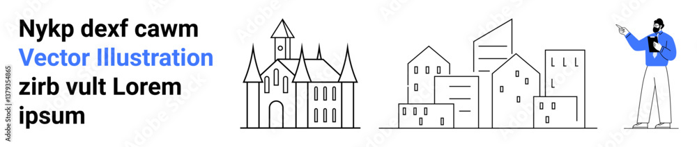Person pointing at diverse buildings combining traditional and modern design. Ideal for architecture, education, tourism, design, presentations, city planning, simple landing page Person pointing at diverse buildings combining traditional and modern design. Ideal for architecture, education, tourism, design, presentations, city planning, simple landing page