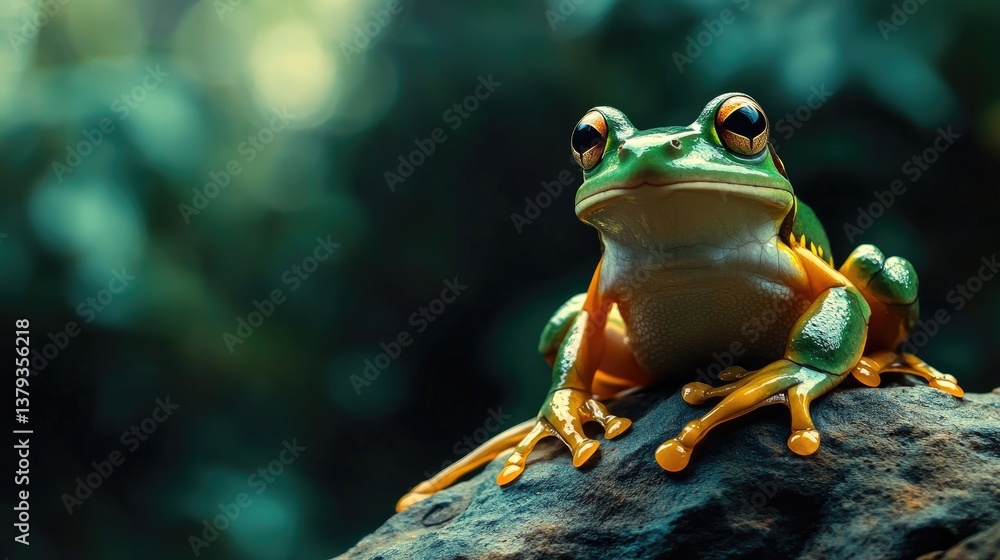 Naklejka premium Green Tree Frog Sitting on a Rock with Blurred Foliage Background