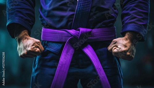 A Glimpse Into The World Of Brazilian Jiu Jitsu: Bjj Fighter Wearing A Gi Kimono And Proudly Holding Purple Belt.