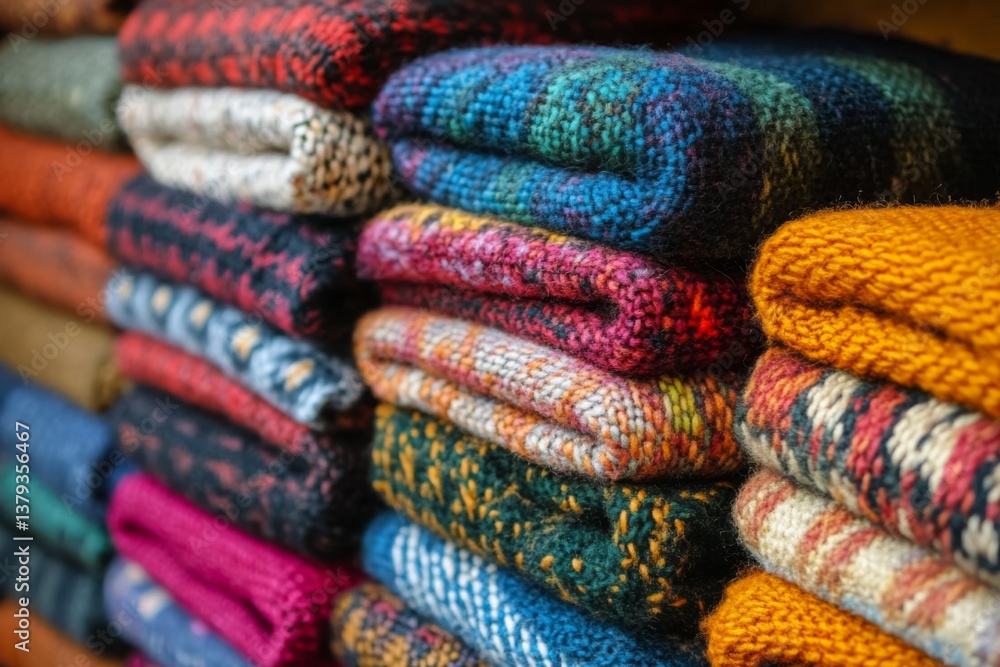 Stack of colorful knitted wool sweaters neatly folded on shelf Stack of colorful knitted wool sweaters neatly folded on shelf