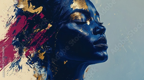 A dramatic abstract portrait of a woman with thick pigments of navy blue, crimson, and gold, perfect for creating a strong visual impact in a reception hall.