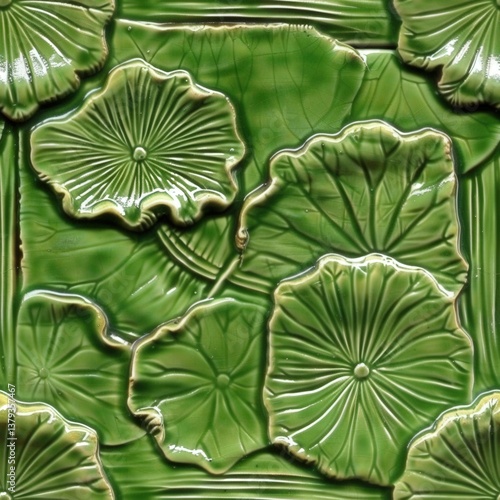 Decorative ceramic tile depicting stylized water lily leaves tile pattern