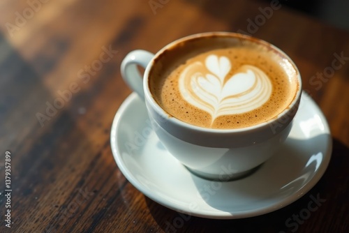 Creamy coffee rises above the surface of a white cup, utensils, coffee