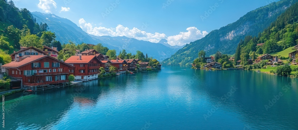 Fototapeta premium Swiss village lake houses, mountain backdrop, travel poster
