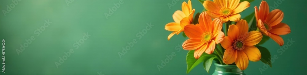 Handmade flower bouquet with orange petals and green leaves in a vase, flowers, vase, green Handmade flower bouquet with orange petals and green leaves in a vase, flowers, vase, green