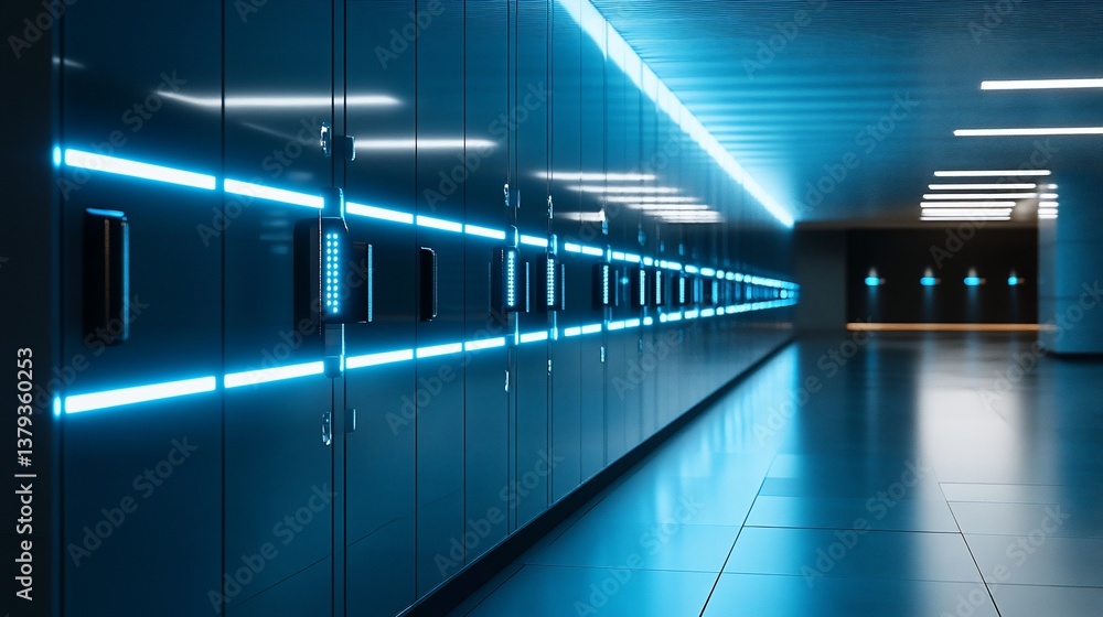 Obraz premium A Futuristic Blue Lit Locker System in a Modern Interior Design Concept