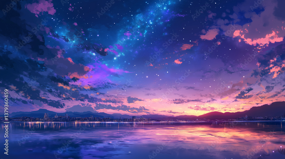 Fototapeta premium anime-style landscape transitioning from sunset to starry night sky 01