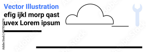 Simplistic cloud shape with a wrench icon, text elements, and horizontal lines. Ideal for technology, cloud computing, development, tools, maintenance, simplicity minimal landing page