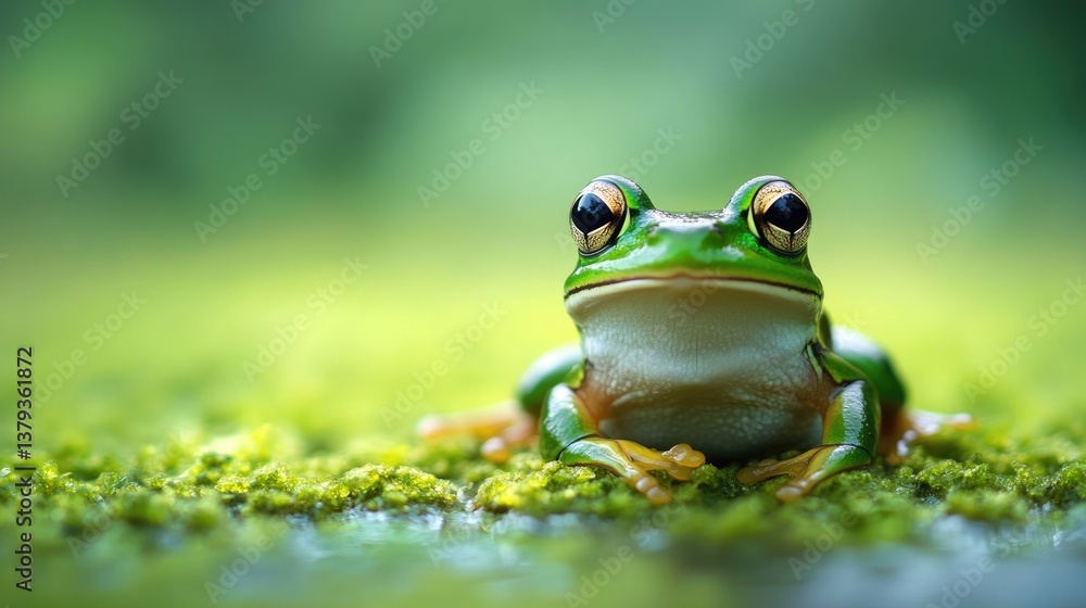 Obraz premium Green Tree Frog Sitting on Mossy Surface with Soft Background