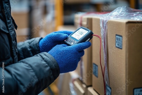 Worker Using Digital Thermometer in Cold Warehouse for Temperature Measurement of Imported Ready Meals