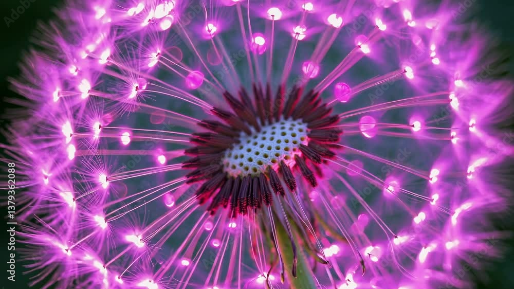Close-up video of a dandelion seed head with a dreamy, ethereal style. The camera angle is macro, highlighting delicate pink and purple hues. Live desktop wallpaper. Close-up video of a dandelion seed head with a dreamy, ethereal style. The camera angle is macro, highlighting delicate pink and purple hues. Live desktop wallpaper.