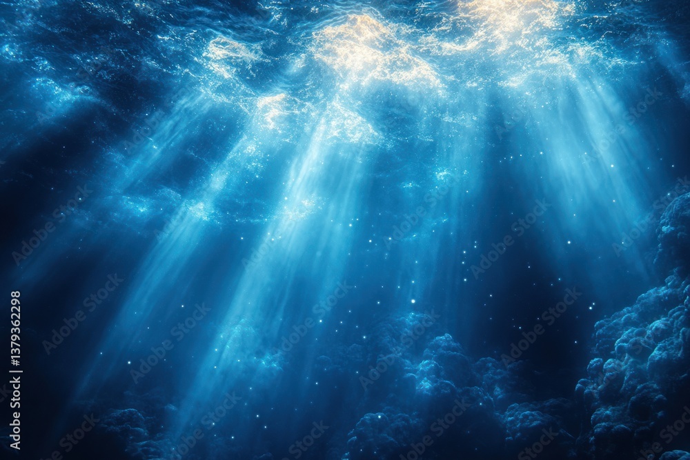 Obraz premium Ethereal Underwater Blue Abstract Background with Sunbeams and Soft Gradients