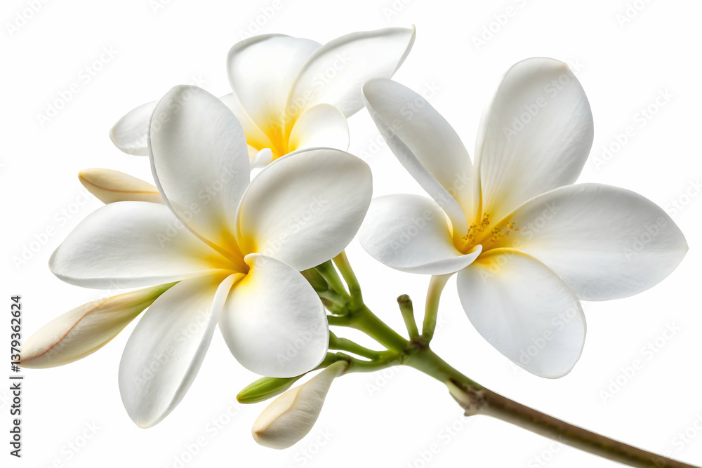 Naklejka premium Isolated Pair of White Plumeria Flowers,Elegant white flowers exuding purity and tranquility in a serene garden setting,Frangipani flower on white background.