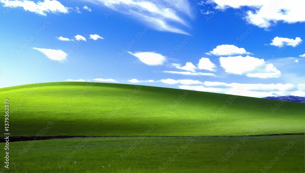 Fototapeta premium Vast Green Hills Under a Clear Blue Sky with Fluffy Clouds and a Tranquil Horizon