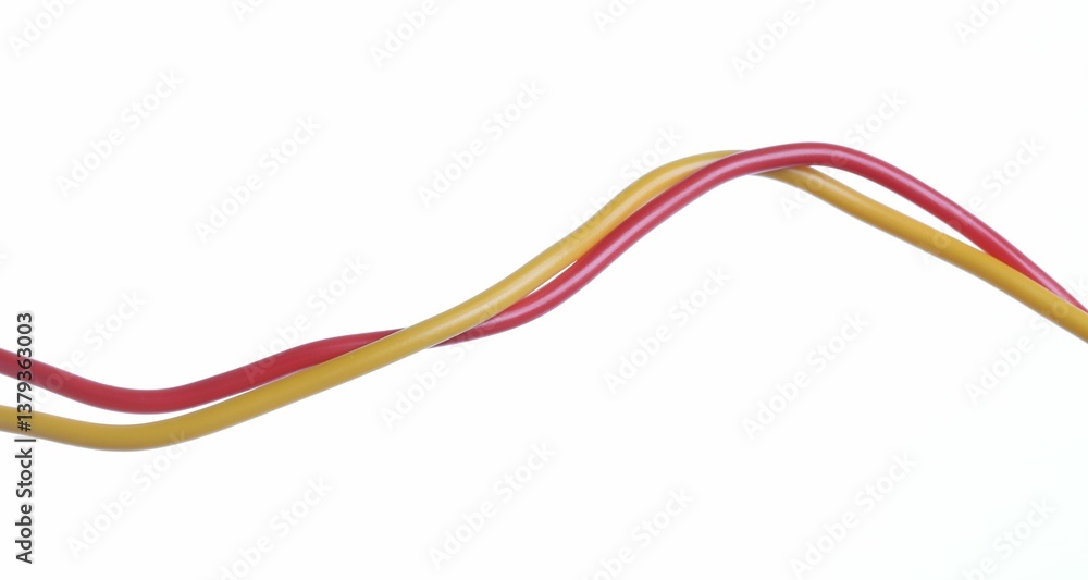 Red and yellow electrical wires on white background Red and yellow electrical wires on white background