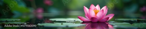 Pink lotus blooms in a shallow pool of calm water, pool scene, lotus bloom