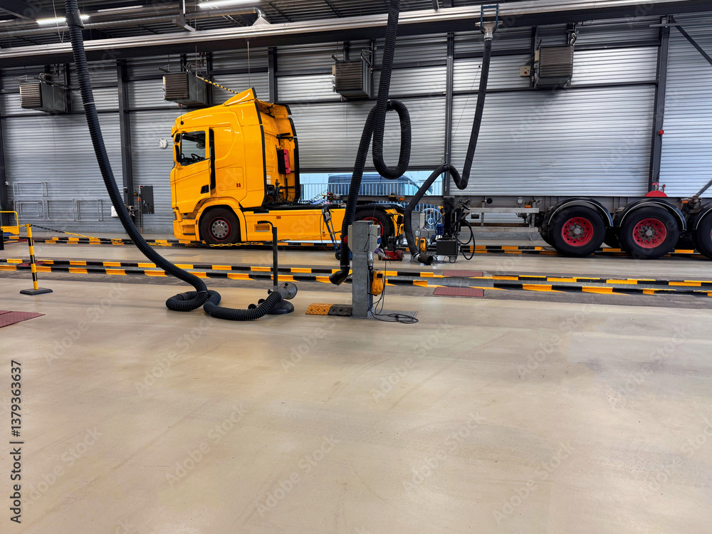 Fototapeta premium Yellow truck undergoing procedure of vehicle inspection at station