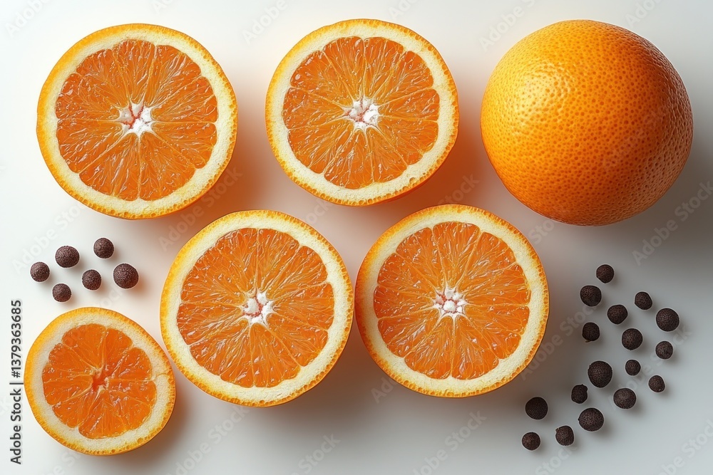 Fresh Orange Fruit and Slices Isolated on White Background with High-Key Lighting Fresh Orange Fruit and Slices Isolated on White Background with High-Key Lighting