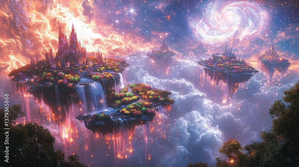 Fototapeta premium Floating islands with waterfalls in cosmic sky - fantasy landscape with vibrant foliage