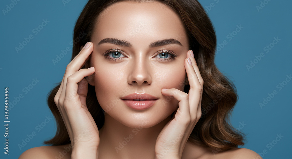 A radiant young woman gently touching her flawless face, showcasing natural beauty and healthy skin against a serene blue backdrop. A radiant young woman gently touching her flawless face, showcasing natural beauty and healthy skin against a serene blue backdrop.