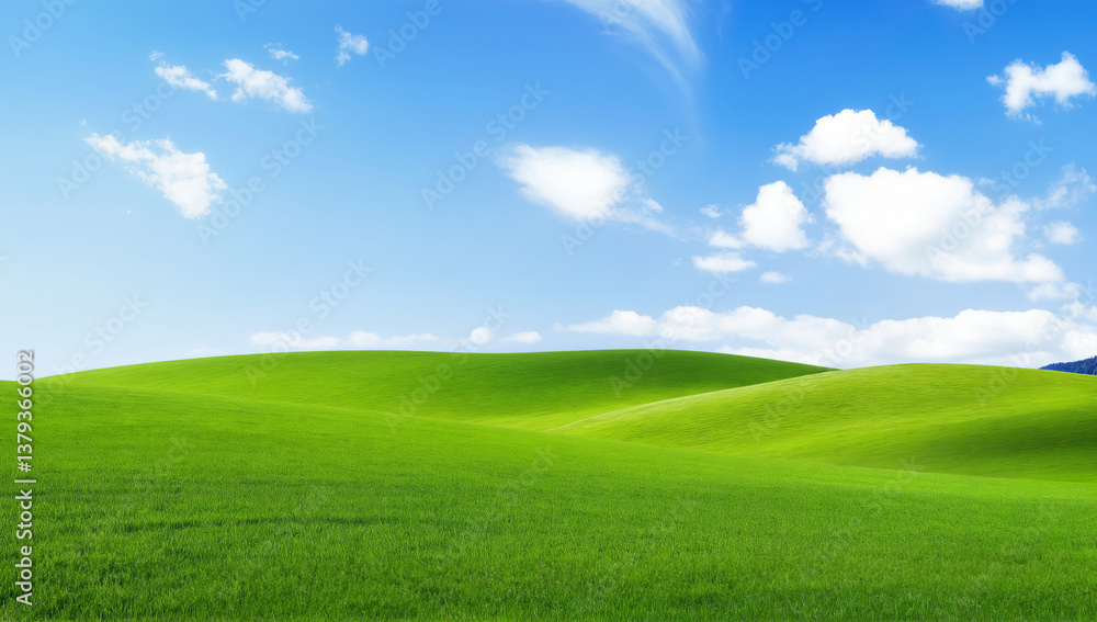 Obraz premium Vast Green Hills Under a Clear Blue Sky with Soft White Clouds