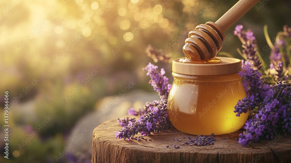 glowing jar of golden honey with a wooden dipper, nestled among fresh lavender flowers and bathed in the warm light of sunset. glowing jar of golden honey with a wooden dipper, nestled among fresh lavender flowers and bathed in the warm light of sunset.