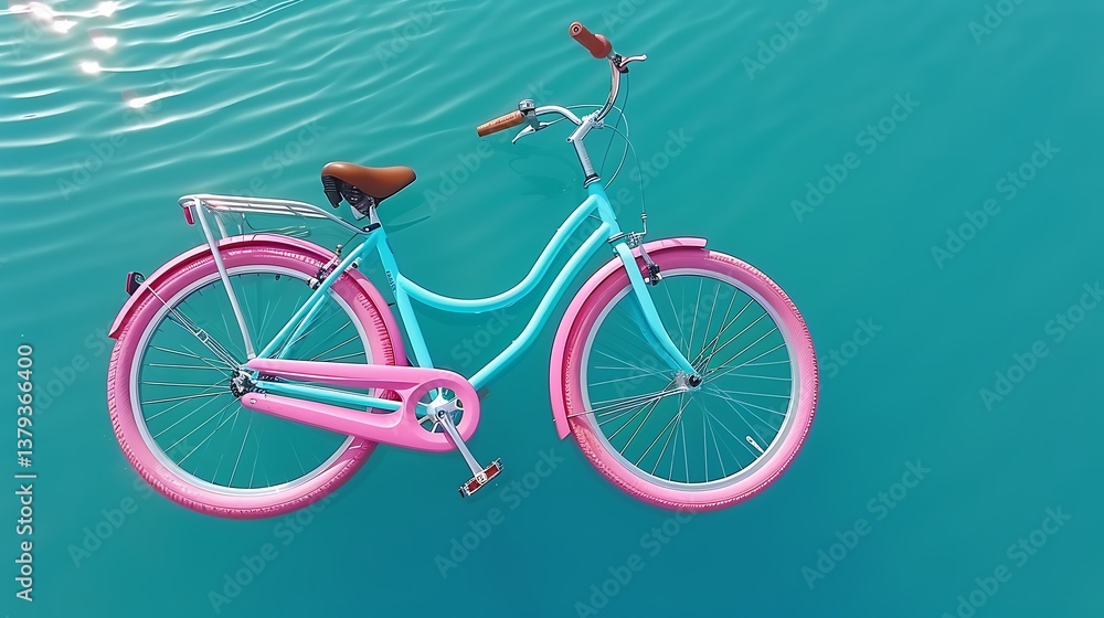 Fototapeta premium A colorful bicycle floats gently atop calm turquoise water