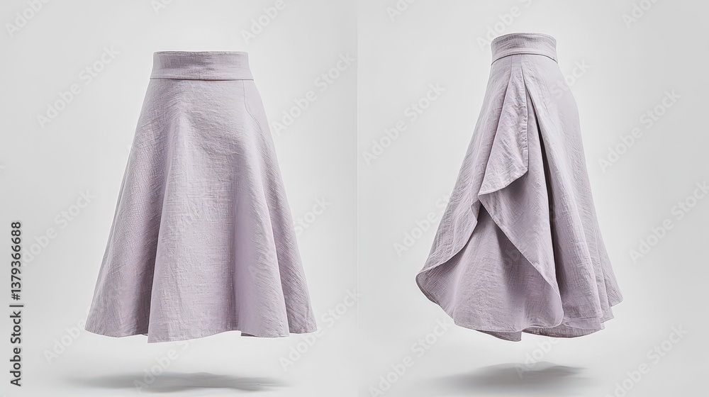 Fototapeta premium Light gray high-waisted a-line skirt with asymmetrical hem on white background