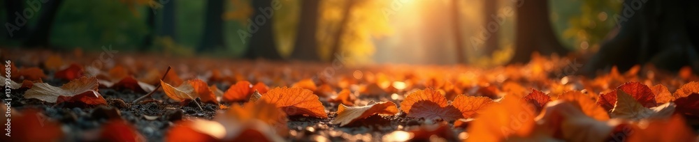 Softly glowing orange leaves scatter on the ground of a forest, scattered, foliage, glow Softly glowing orange leaves scatter on the ground of a forest, scattered, foliage, glow