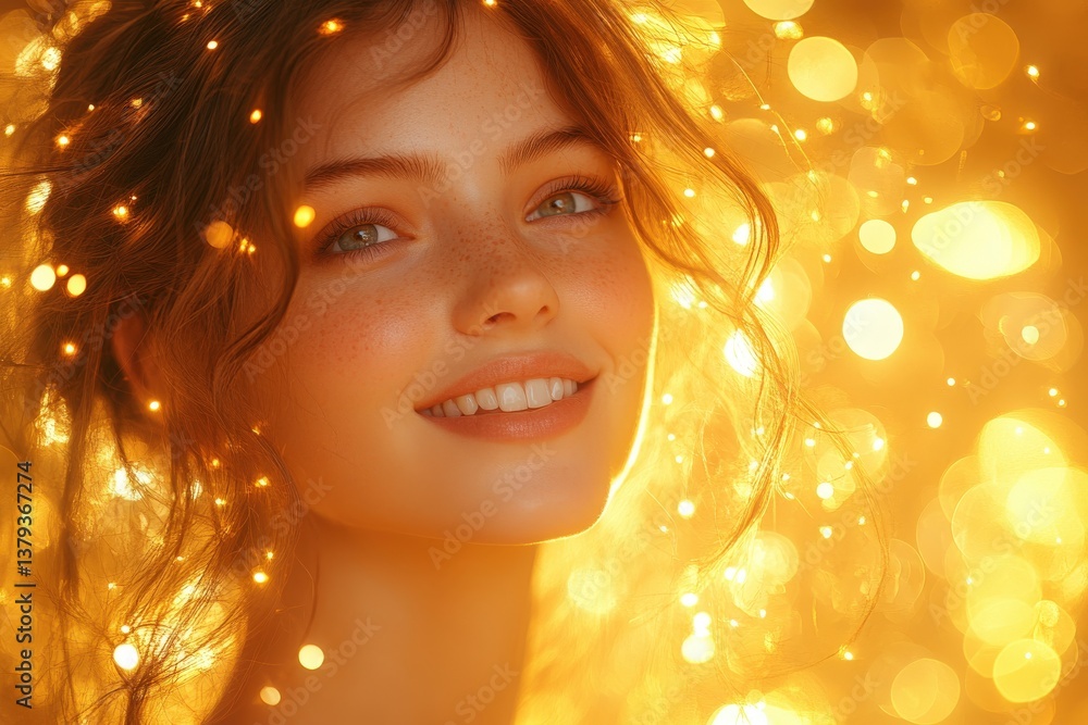 Glowing woman smiles amid sparkling golden bokeh light background Glowing woman smiles amid sparkling golden bokeh light background