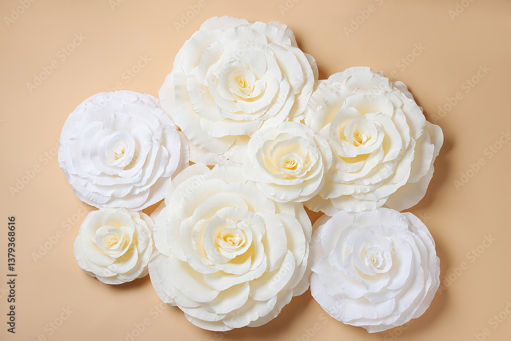 Beautiful white paper flowers on beige background, flat lay Beautiful white paper flowers on beige background, flat lay