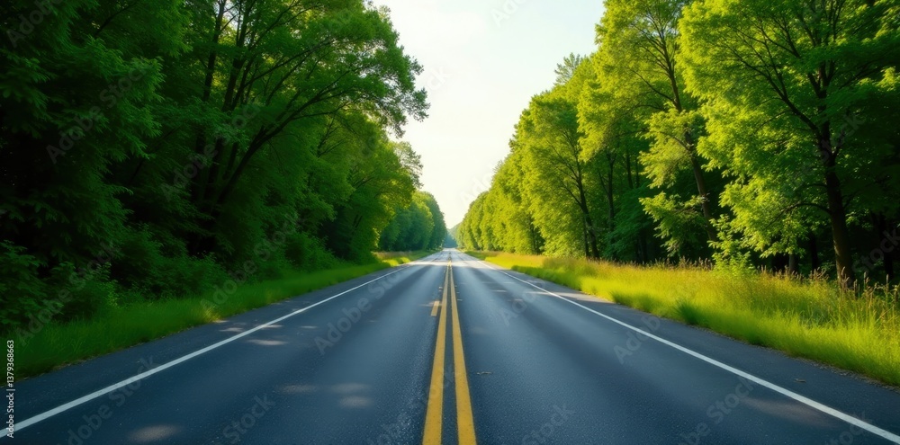 Fototapeta premium Wide empty asphalt road with trees on the side, greenery, trees, peacefulness