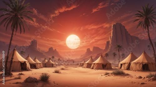 The sunset between several tents in the middle of the desert with a background of mountains in the Middle East in ancient times.