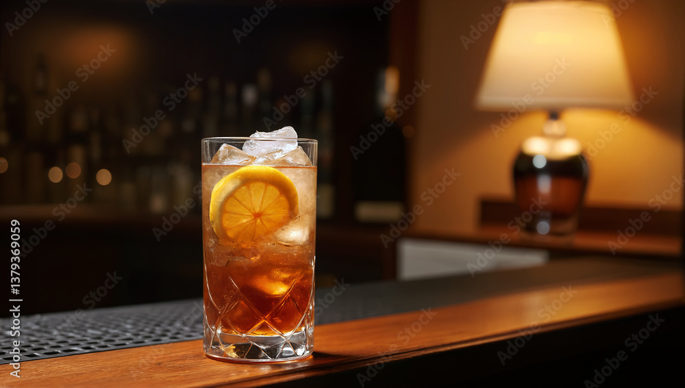 Close-up of a refreshing cocktail with ice and lemon slices on a bar counter, softly illuminated by a lamp in a dimly lit background Close-up of a refreshing cocktail with ice and lemon slices on a bar counter, softly illuminated by a lamp in a dimly lit background